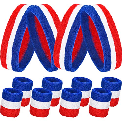 Juego de Muñequeras, Incluye Diadema Deportiva y Muñequera de Pulsera de Algodón Colorida Banda de Sudor para Hombres y Mujeres (Rojo Blanco y Azul Set 4, 12 Piezas)