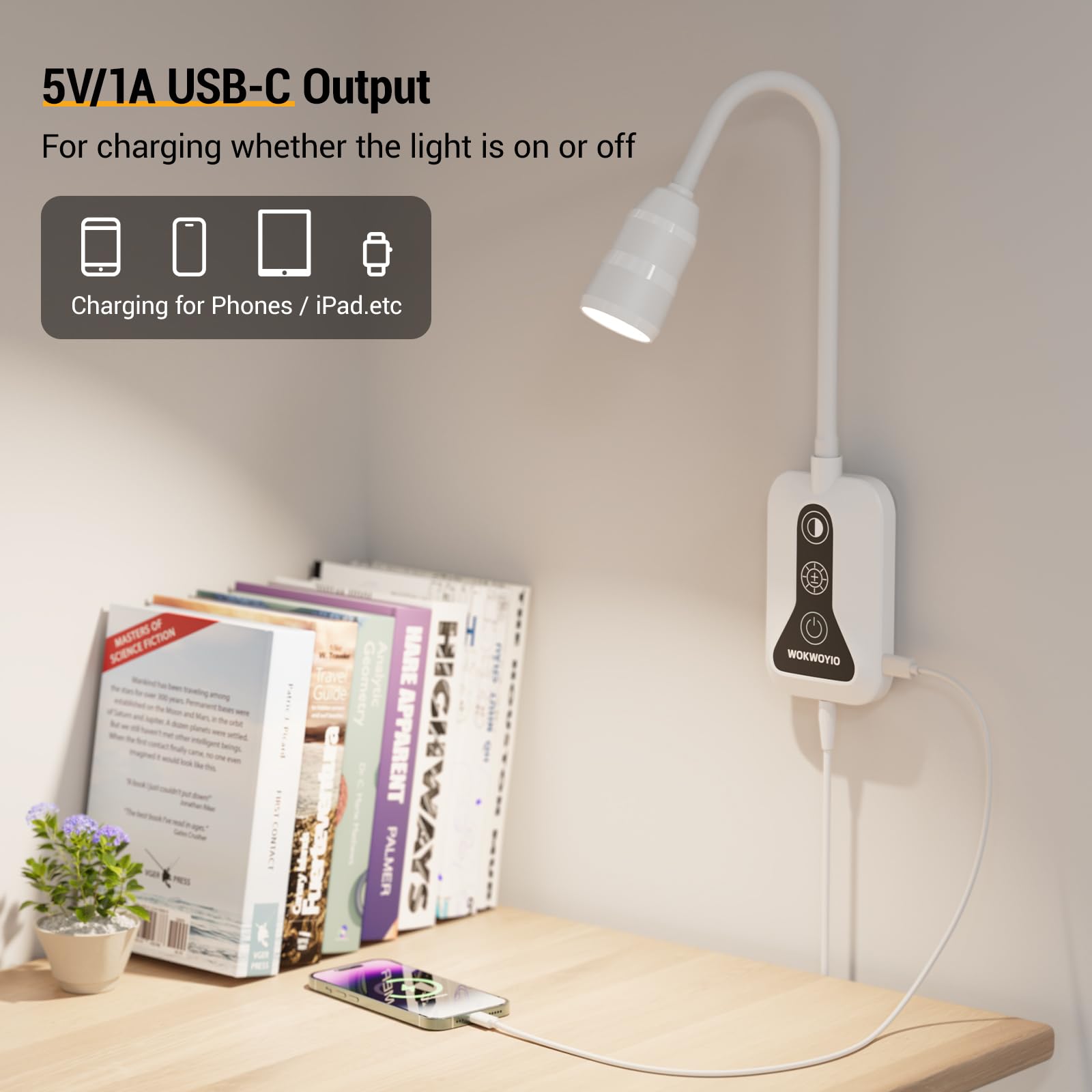 Wandmontierte Leselampe mit Handfeger-Sensorschalter, Buchlicht zum Lesen mit USB-Ausgang, 5 Farben und Helligkeit, dimmbar, Nachttischlampe, Wandlampe mit flexiblem Schwanenhals, Weiß, 1 Stück