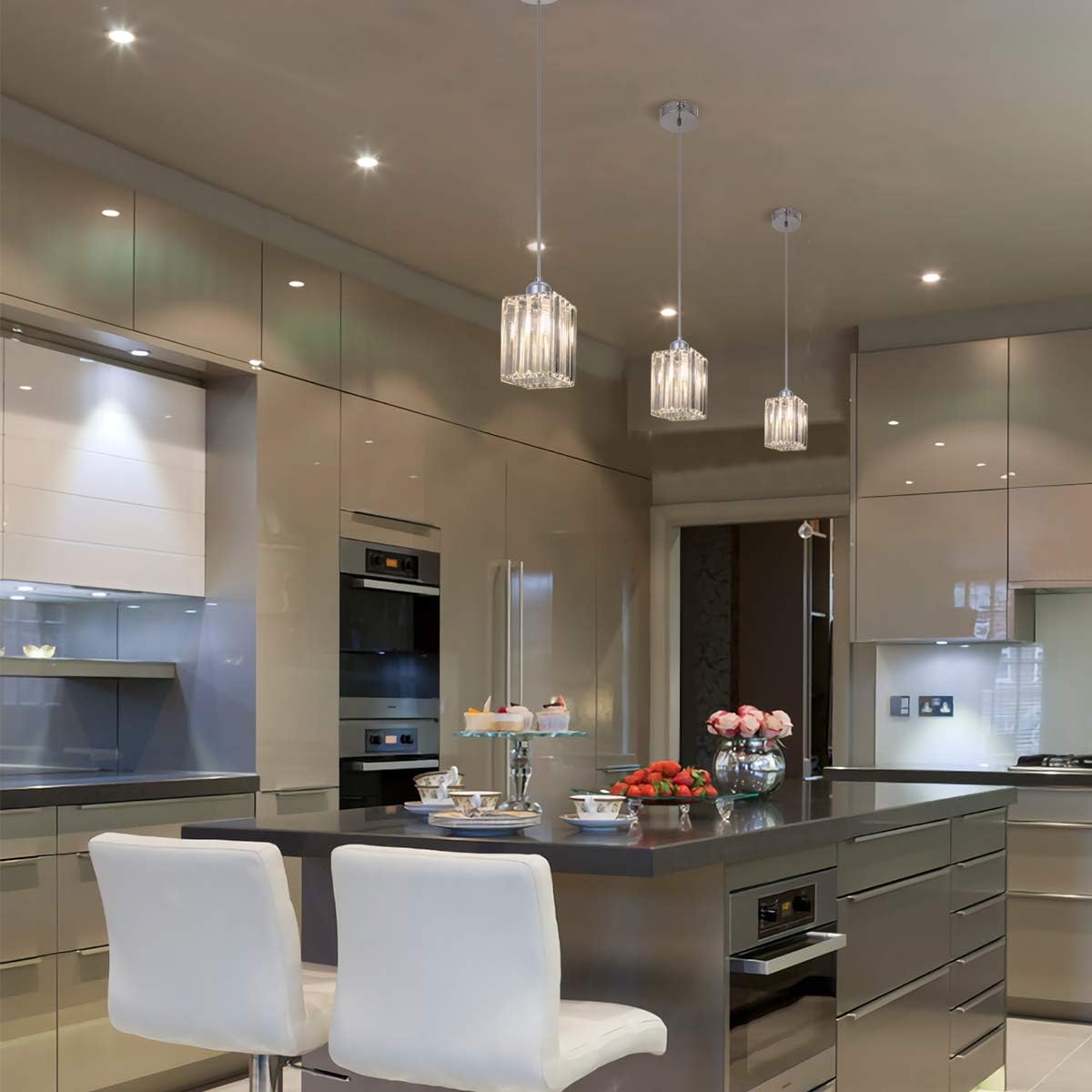 Top Rated SHENGQINGTOP Modern Crystal Mini Pendant Light, Polished Chrome Cuboid Pendant Lighting Fixture for Kitchen Island, Bedroom, Living Room, Dining Room, Set of 3