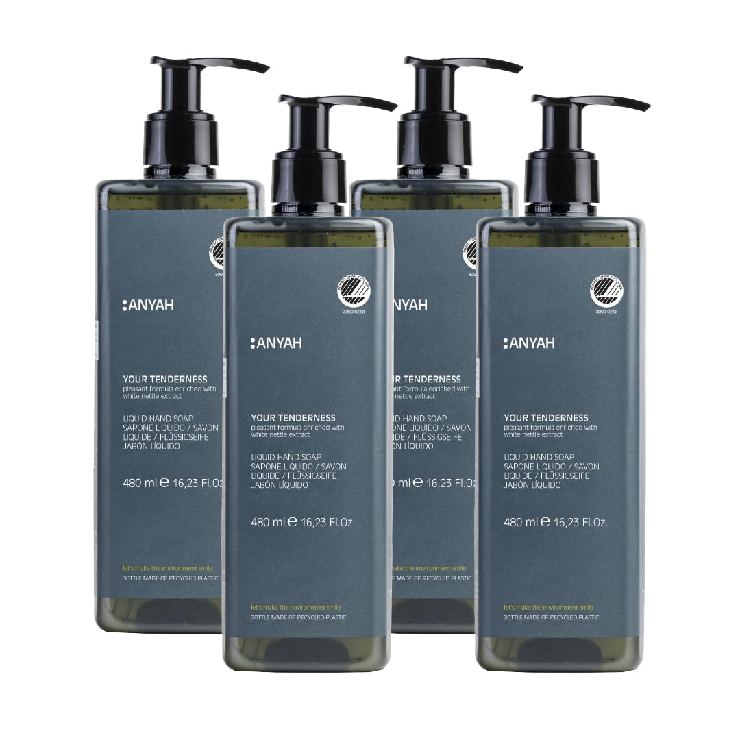 Anyah - Savon Liquide - 4x480ml - Rechargeable - Nettoyage Doux Quotidien avec Extrait de Lamier Blanc – Savon pour les Mains - Testé Dermatologiquement