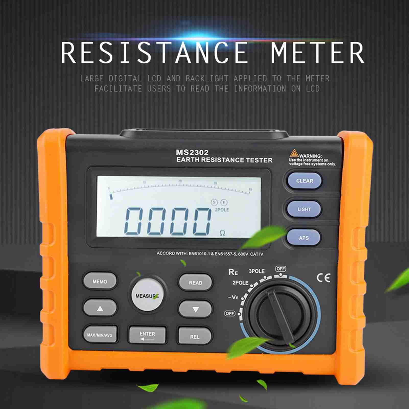 PEAKMETER MS2302 Digitales Widerstandsmessgerät Megohmmeter mit LCD-Hintergrundbeleuchtung 0~4K Ohm 100 Groups Data Logging
