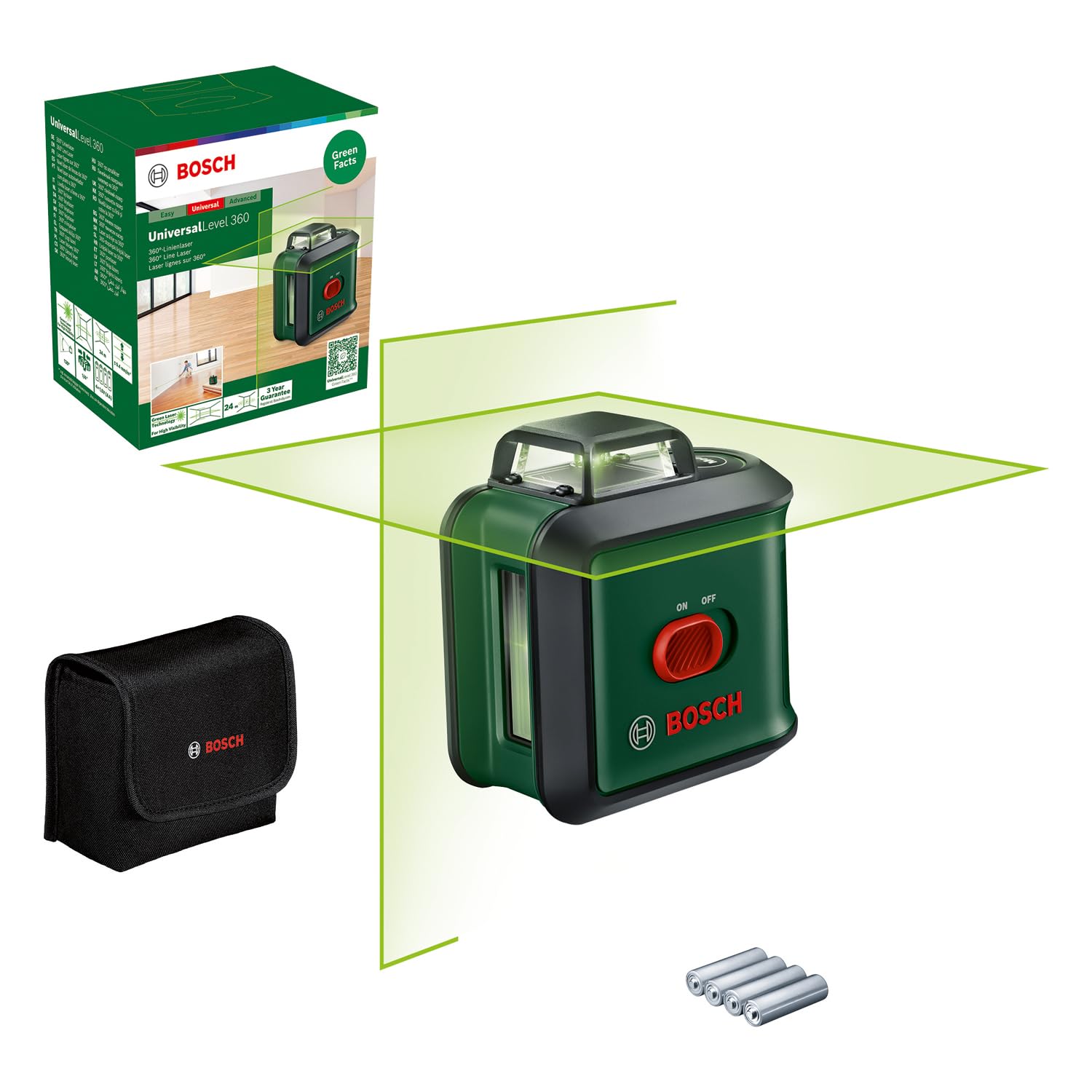 Bosch Nivel Láser de Líneas Cruzadas UniversalLevel 360 (líneas de láser en vertical + horizontal, incl. 360° para la alineación por toda la estancia, en caja de cartón)