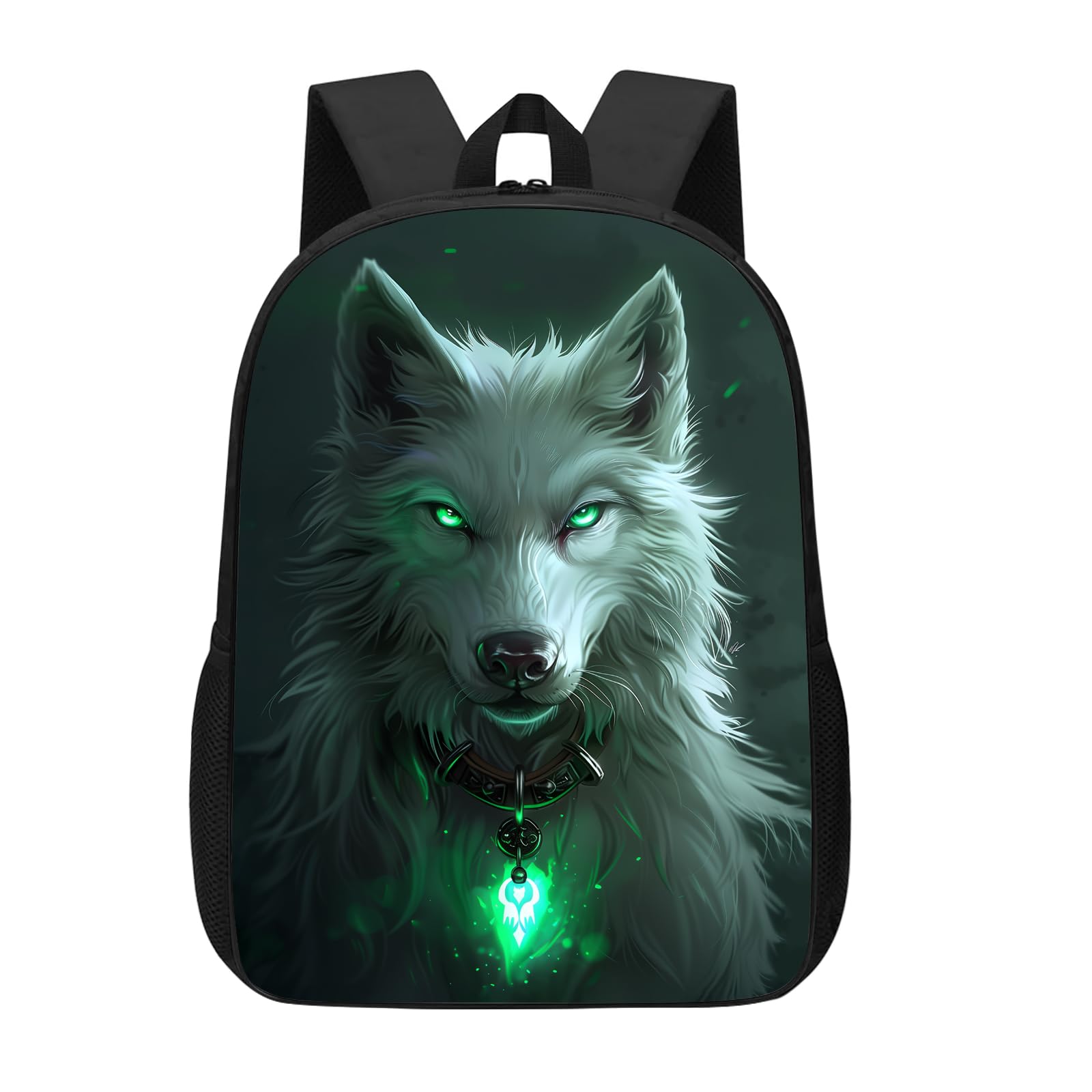 SKT T1 Boys Wolf Backpack for School, Cool White Wolf with Green Eyes  School Bookbag for Kids Boys Teens, Cartoon Animal Print Children Elementary