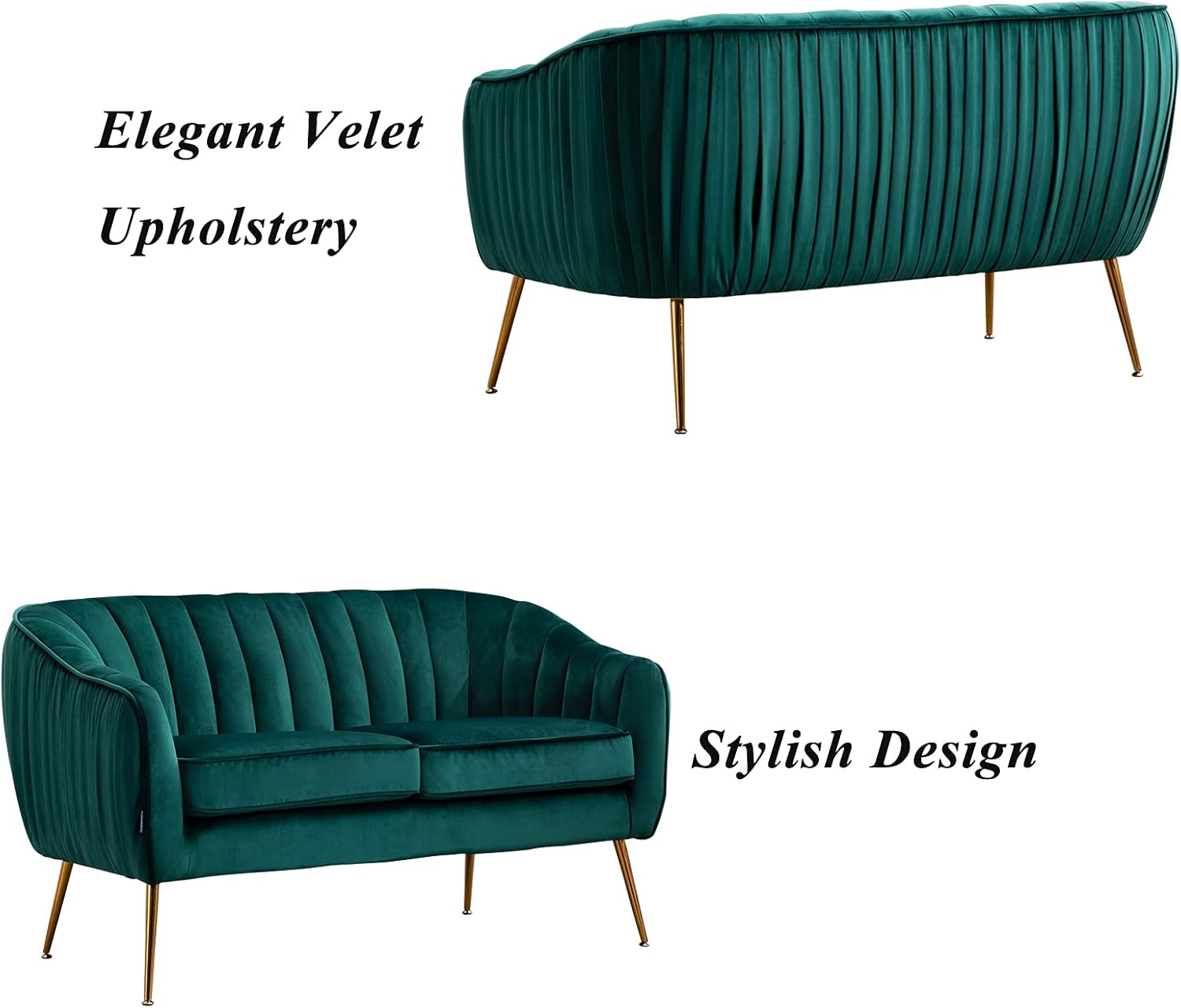 Artechworks Contemporary Tufted Velvet Tub Barrel Loveseat Sofa Upholstered Couch Chair with Golden Metal Legs Club Two-Seat Sofa for Living Reading Room Bedroom Apartment Small Space Dorm, Green