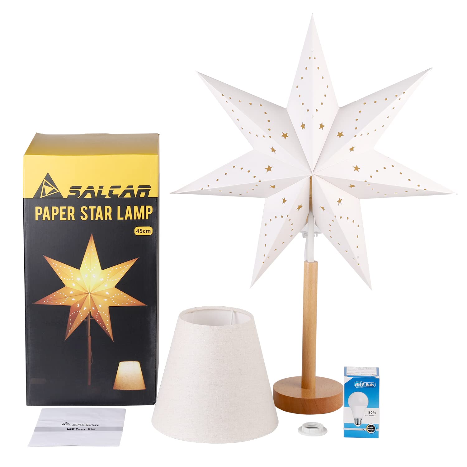SALCAR LED Tischlampe mit Weihnachtsstern, 3D Adventsstern beleuchtet aus Papier mit Holz-Sockel / E14 Lampe, Weihnachtsdeko Tisch mit Wechselschirm, 45cm Papierstern Weiß und Lampenschirm Warm