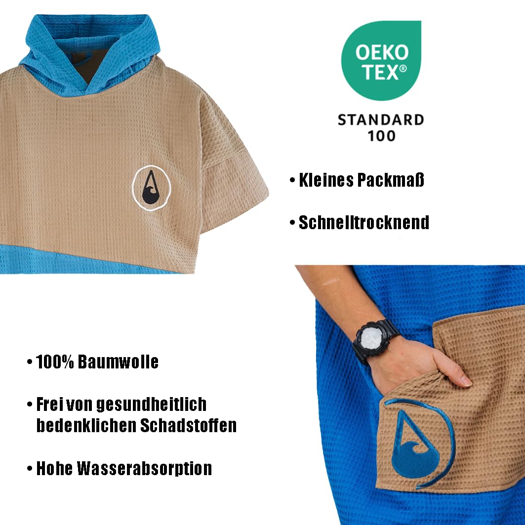 WAVE HAWAII Travel-Badeponcho Gr. L-XL 171-199cm & Reisehandtuch 130 x 80cm, Lighd, 100% Baumwolle, hochwertige Qualität, robust, Schlaufe, leicht, Strand, Urlaub, Outdoor, Camping, Vanlife