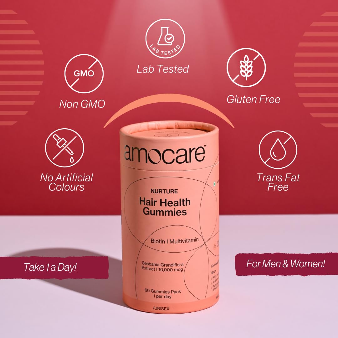 Amocare Biotin Hair Gummies (60 Gummies) | For Healthy Hair, Nails and Skin | With Biotin, Zinc, Vitamin B12, E, D2 and Calcium | Strawberry Flavour | Vegan and Gluten Free 2