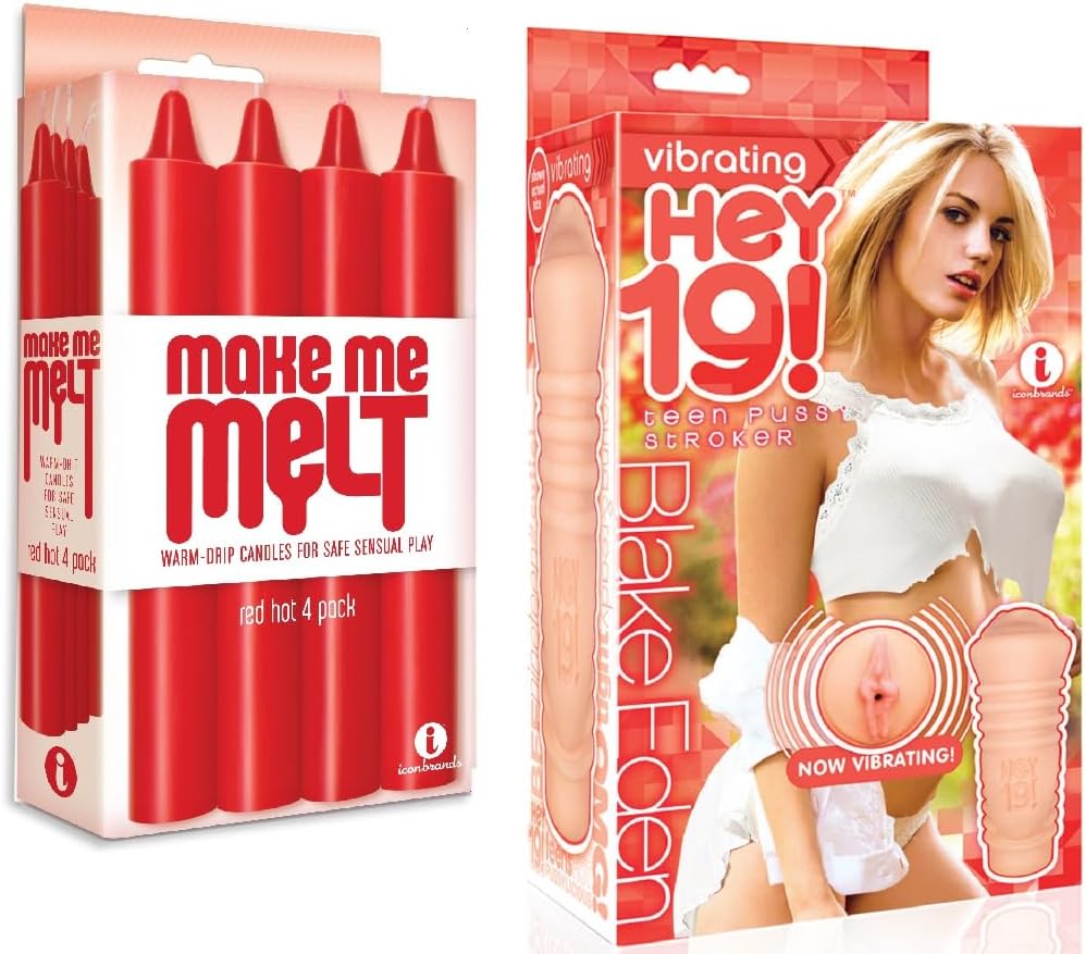 Sex Toy Couples kit of Make Me Melt Sensual Warm-Drip Candles, 4 Pack, Red Hot and Icon Brands Vibrating Pussy Stroker Blake Eden