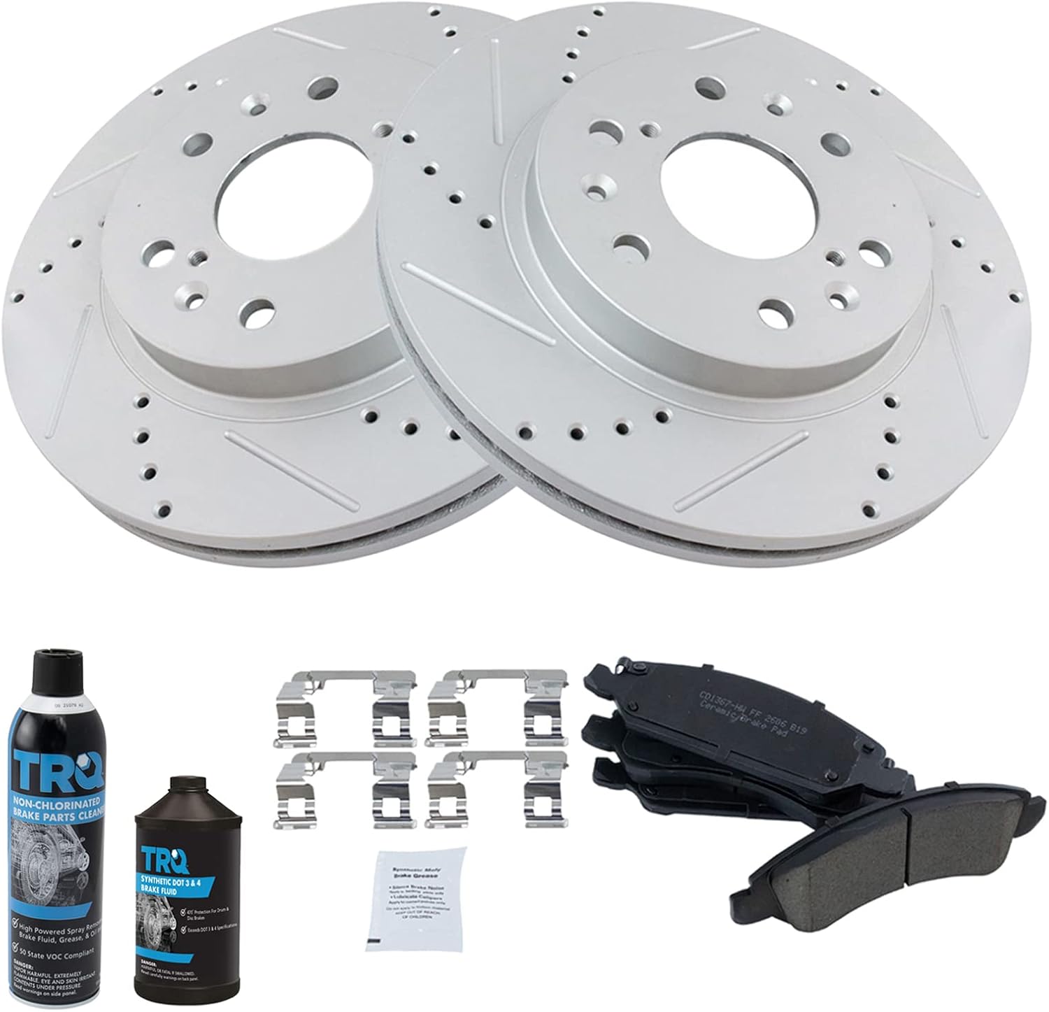 TRQ Front Brake Pad & Rotor Kit Ceramic Premium G-Coated Performance Slotted X Drilled Compatible with 08-20 Cadillac 07-20 Chevrolet GMC