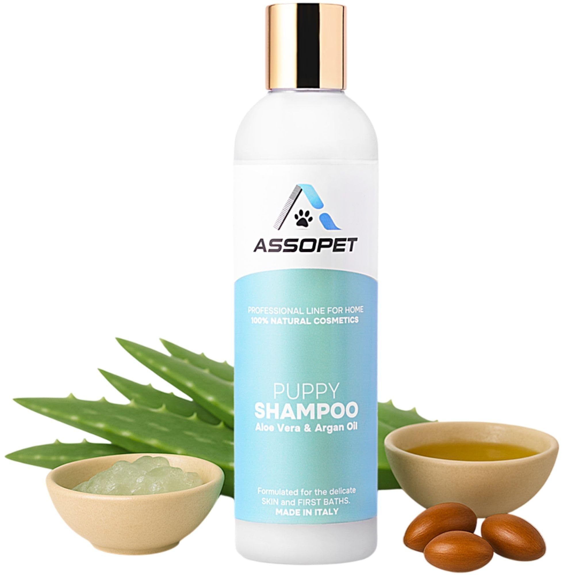 Szampon dla Szczeniąt 250ml – ASSOPET – Ultra-Delikatny Szampon dla Psów z Bio Olejem Arganowym i Bio Aloesem – Bezpieczny, 100% Naturalny, Bez Parabenów i Silikonów – Made in Italy