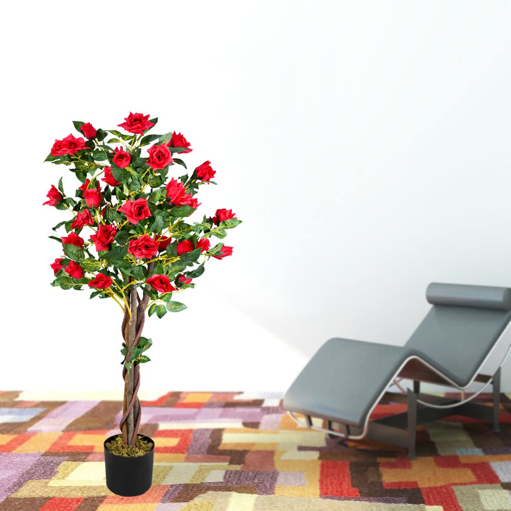 Rosa Rosal Planta Artificial Decoración Interiorismo Madera Natural 120cm 30 Flores DECOVEGO
