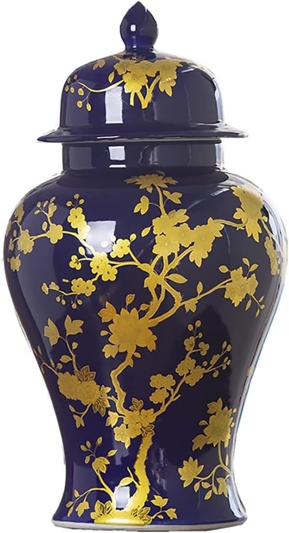 Wazon ceramiczny z malowanymi kwiatami i imbirowymi słoikami z pokrywkami do dekoracji, dekoracyjny wazon, tradycyjny słoik świątynny do biura, na stół, do salonu, na środek stołu (Szary Wilk, 45