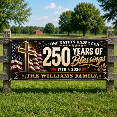 NESTURA Personalized 250th Anniversary USA Banner, Peach Skin Custom Event Flag, 250 Years of Blessings Family Name Patriotic Banner for Outside, Outdoor Fence Yard Decor 1776-2026