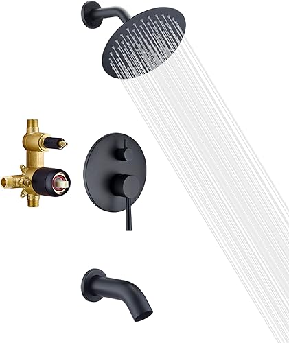 sumerain Kit de molduras para bañera y ducha con válvula áspera, grifo de ducha negro con boquilla de bañera, cabezal de ducha de 8 pulgadas,