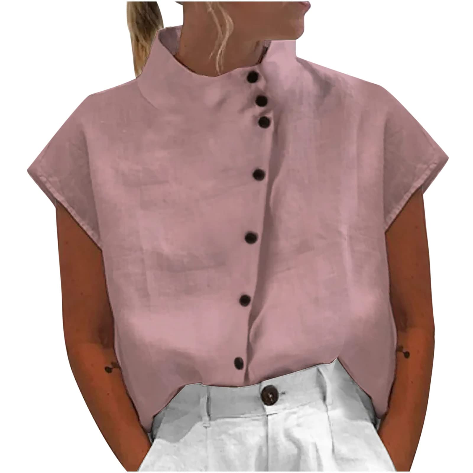 Womens Tshirts Cotton Linen High Neck Cap Sleeve Shirt Summer Fashion Casual Cotton Linen Blouses Trendy Tops