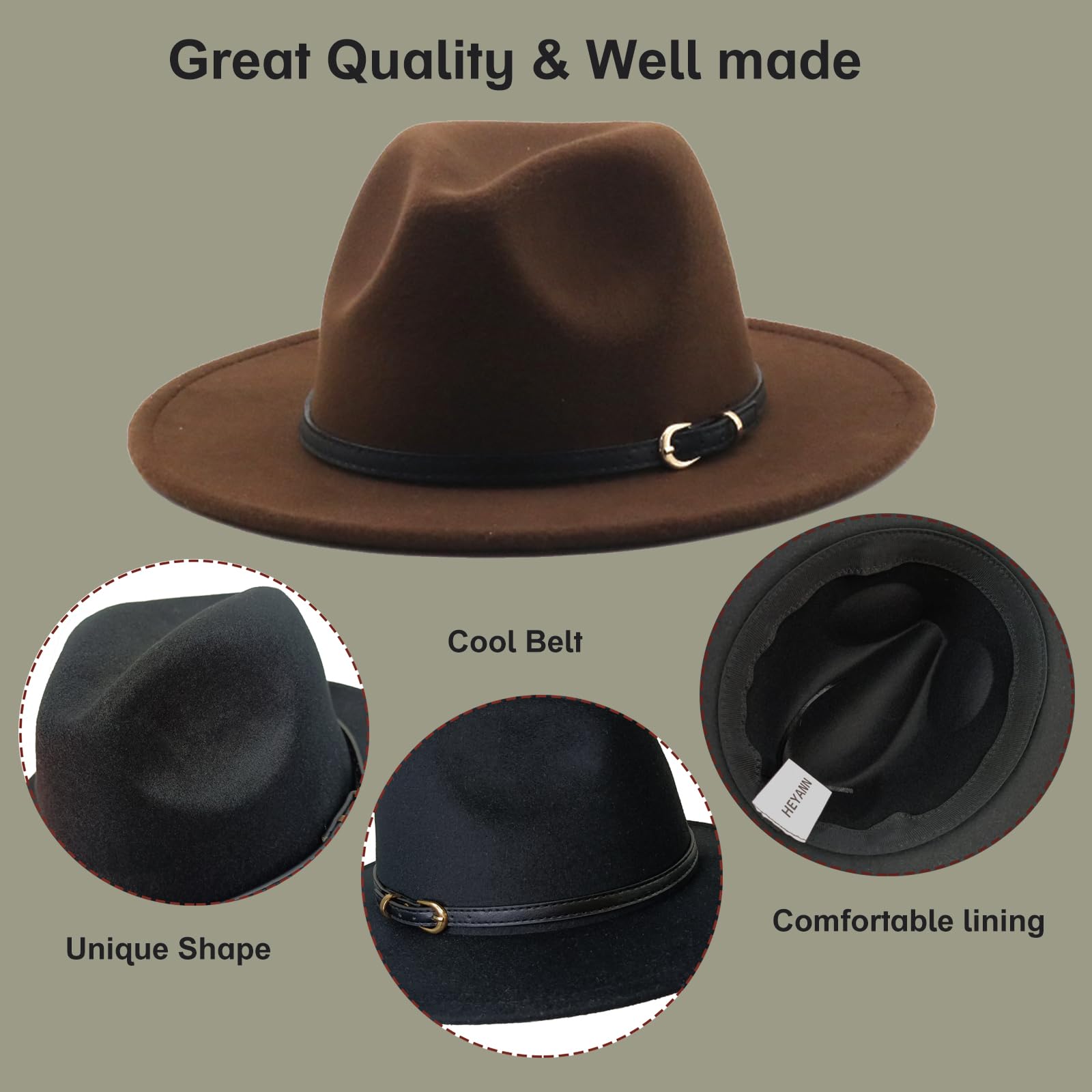 HEYANN Klasyczny kapelusz Fedora z szerokim rondem z klamrą do paska, filcowy kapelusz Trilby, kapelusz panamski, kapelusz jazzowy dla kobiet i mężczyzn