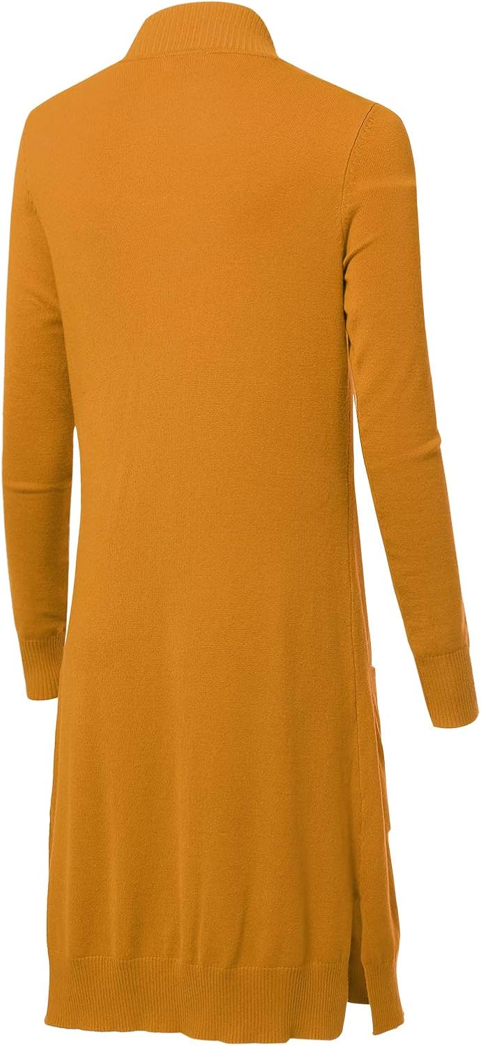 Women's Long Sleeve Open Front Loose Maxi Knitted Long Cardigan Sweater with Pockets Small Mustard