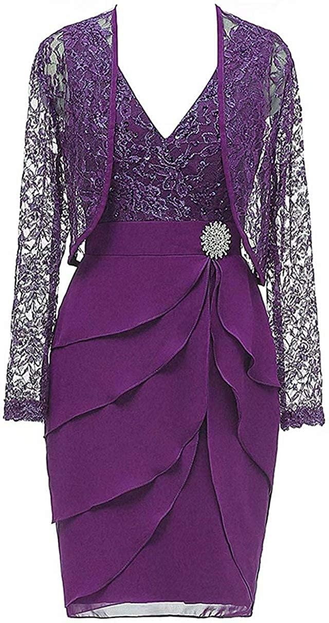 WSEYU Women's Mother of The Bride Groom Dresses with Jacket Lace Long Sleeve Evening Formal Prom Gowns for Wedding ZM047Purple UK16