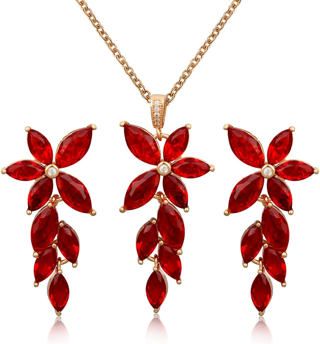 MycittaWedding Jewelry Set for Brides Bridesmaids - Sterling Silver Marquise Cubic Zirconia Crystal Gemstone Rhinestone CZ Floral Leaf Cluster Necklace Earring Sets with Birthstone for Party Prom Women Girls
