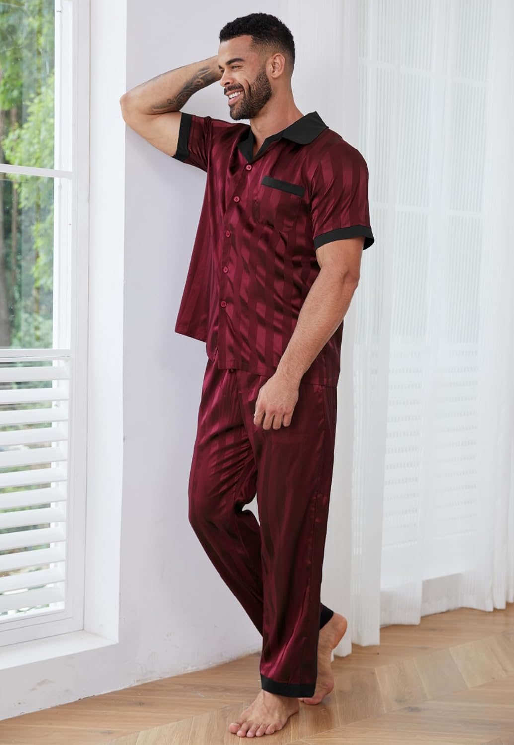 DEARCASE Mens Pajamas Set Satin Silk For Men Sexy Loungewear Sleepwear Long Pants Button Down Pajama 2 Piece Lingerie