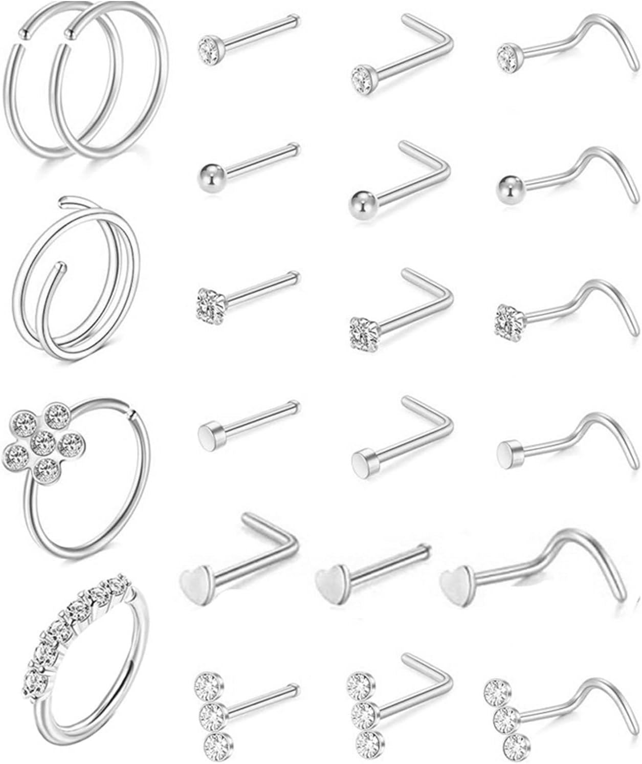 Pack of 23 Stainless Steel Zircon Nose Studs Elegant Color Comfortable Body Jewelry for Women and Men Nose Piercing Jewelry S