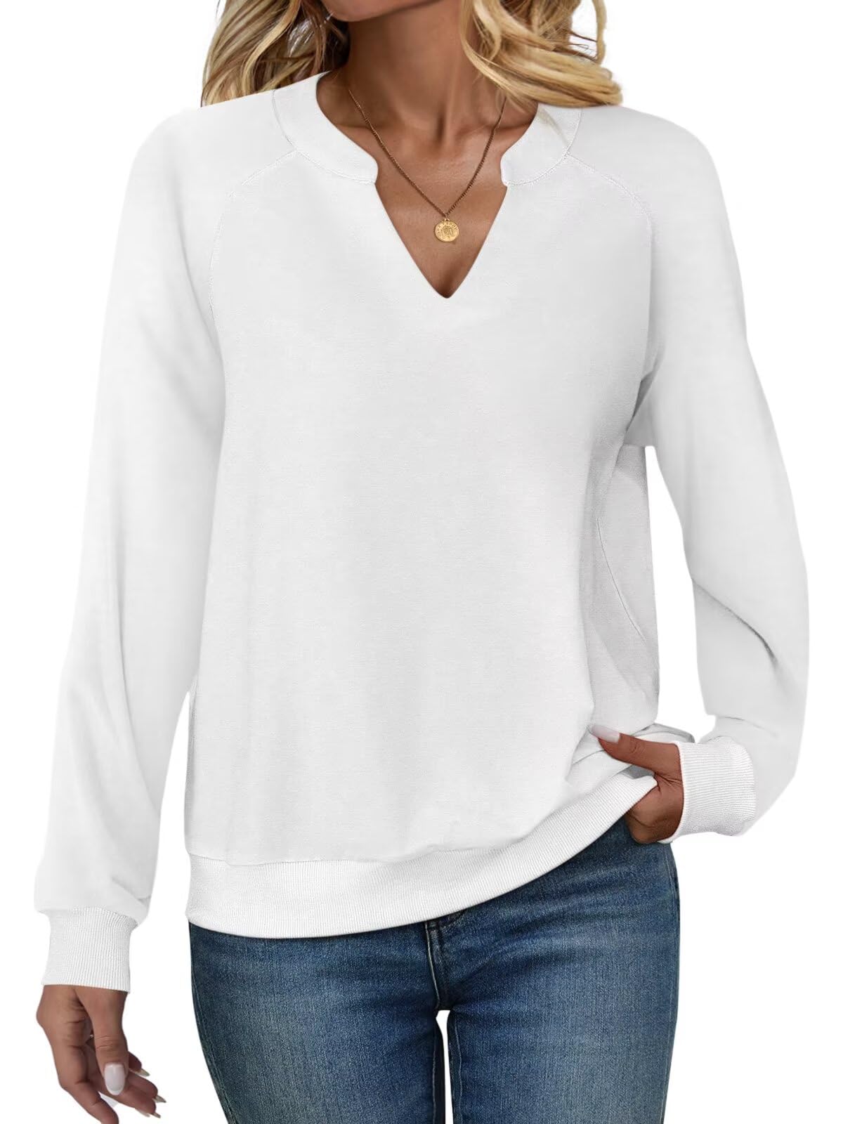 EADINVE Women Casual Long Sleeve V Neck Sweatshirts Cute Loose Fit Lightweight Pullover Tops