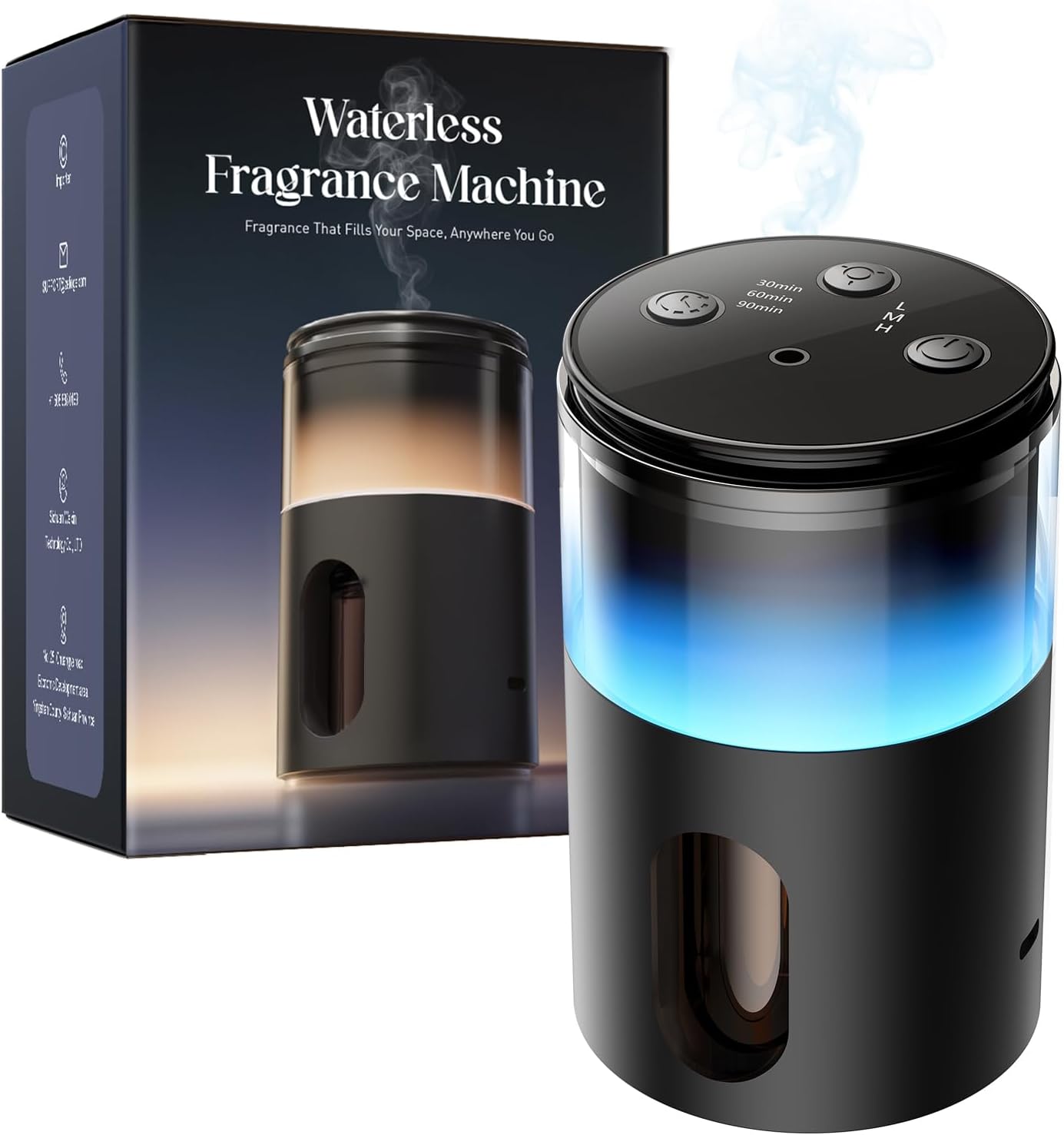 Product image of Waterless Essential Oil Diffuser: Battery Mini Scent Diffusers for Home&Car with 8 Color LED Night Light — Cool Mist Aroma Machine Deep Black
