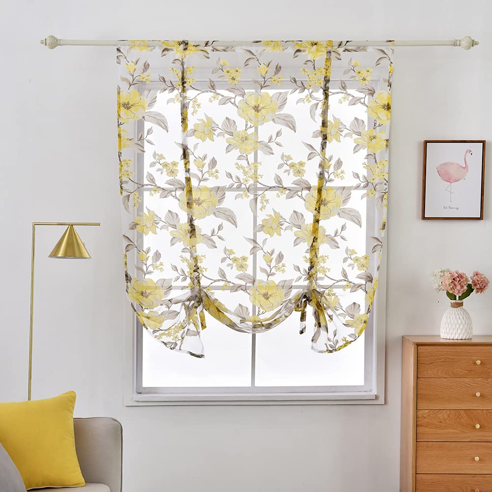 SMITHOOM 1 Piece Sheer Roman Curtain Rod Pocket Camellia Flower Print Tie Up Voile Ballon Shade for Kitchen Bathroom Living Room Door Window Decoration, Yellow, 40x63inch
