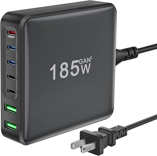 Miniatura 1 de Cargador USB C, estación de carga USB C de 185 W de 7 puertos con 5 puertos USB-C + 2 puertos USB-A, cargador rápido de pared USB C para MacBook
