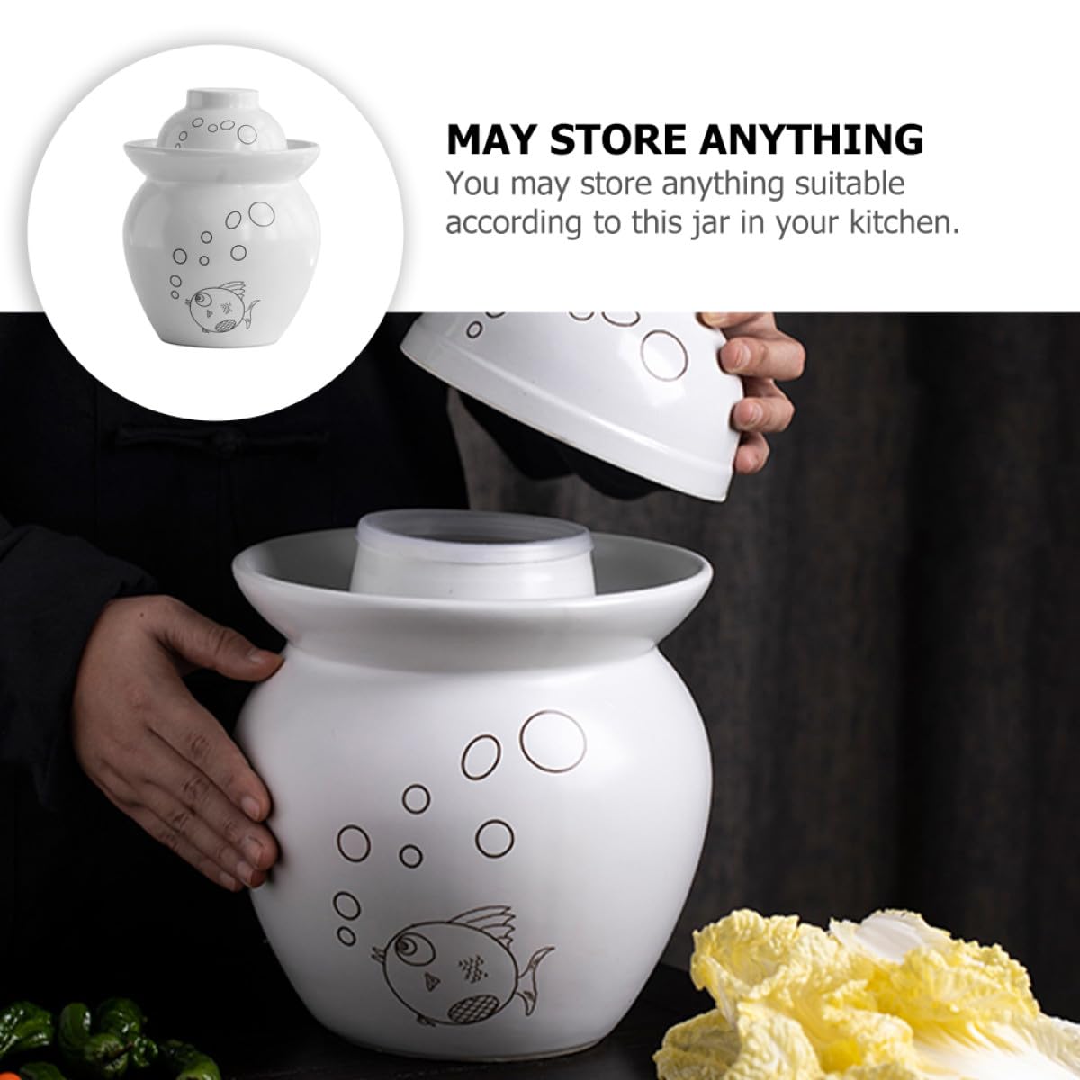 OSALADI Barattolo in Ceramica per Sottaceti da 1,5 Litri, Contenitore Ermetico per Fermentazione Kimchi, Vaso per Conserve Alimentari da Cucina Chiusura Sigillata