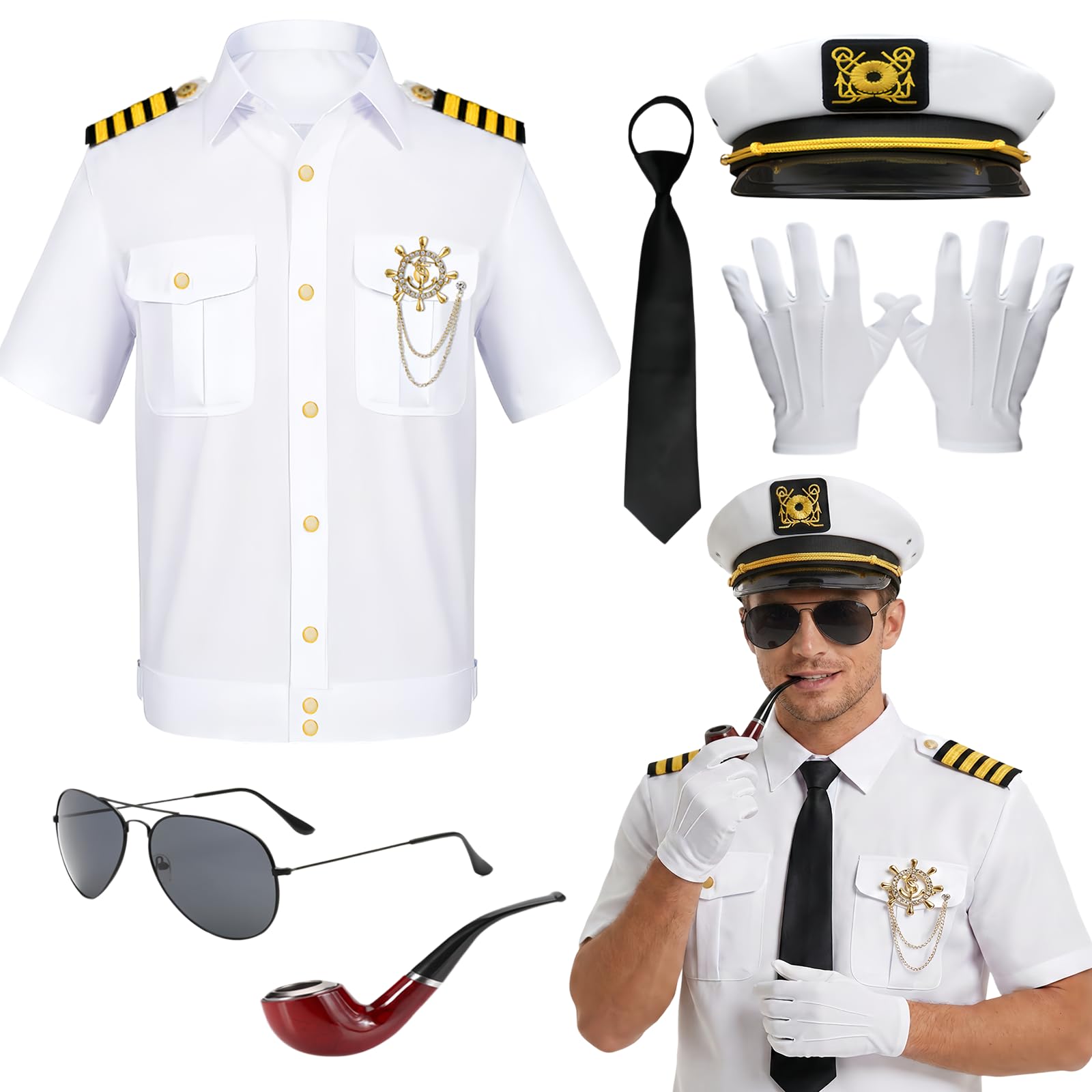 Captain Sailor Costume Men Halloween Navy Outfit with Captains White Jacket Hat Gloves Boat Nautical Attire for Cosplay Party