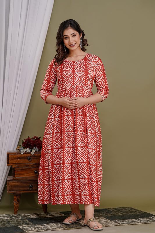 Image of Women's Pure Cotton Printed Maternity Gown /Maternity wear /Feeding Gown A-line Maternity Feeding Dress Maternity Kurti Gown for Women