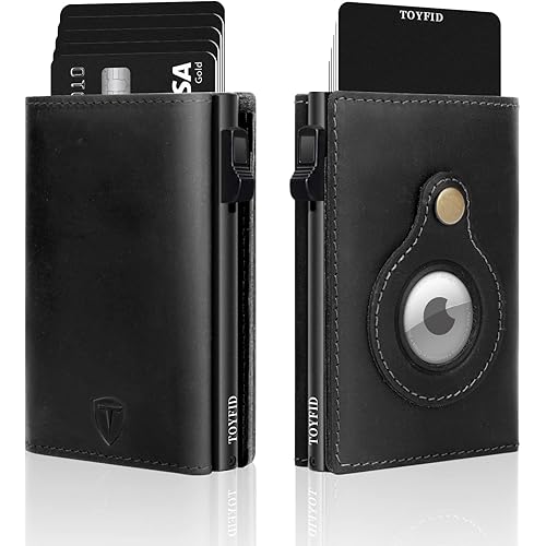 TOYFID Genuine Leather Wallets for Men with Airtag Holder - Trifold Minimalist Card Holder Wallets with ID Window&Magnetic Closure - Handmade RFID Blocking Credit Card Wallet with 10 Cards,black