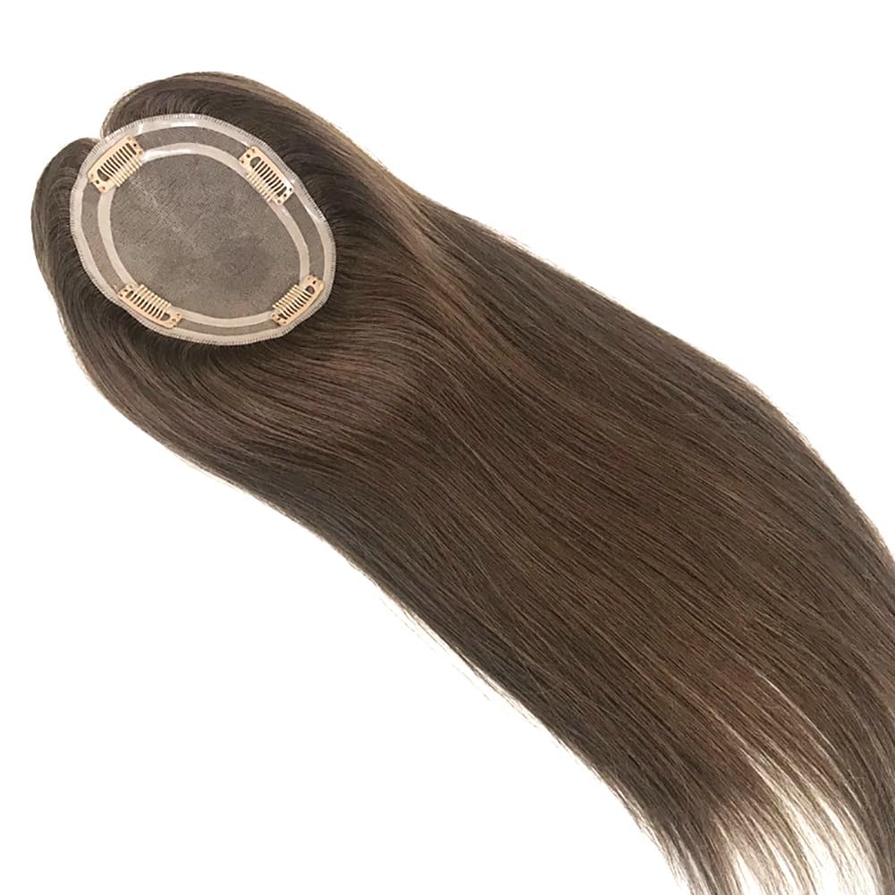 Damen Topper Haarteil mit Highlights, Braun-Blond Gesträhnt, Clip-In Echthaar Verlängerung (#2, 12”)
