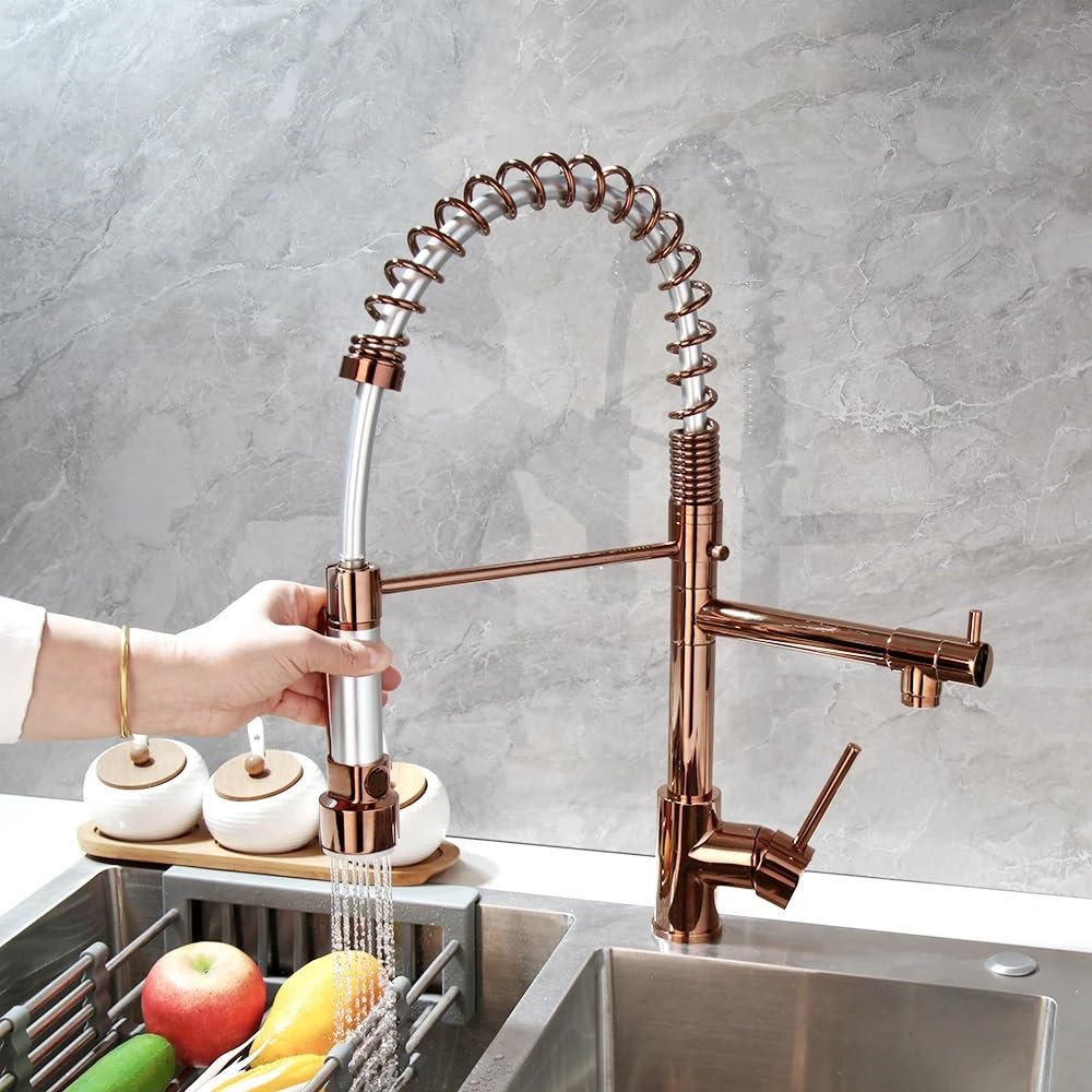 SnamicE Kitchen Tap Kitchen Sink Faucet, Deck Mounted Dual Spout Rose Gold Pull Out 360° Swivel Stream Hot and Cold Mixer Taps,