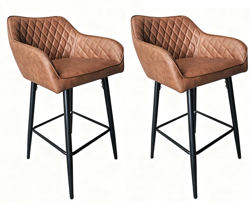 Requena Pair of Bar Stools with Leatherette Upholstered Seat, Armrest & Backrest, Black Metal Legs, for Kitchen and Breakfast Bar (BAR01, Leather-Brown-1)