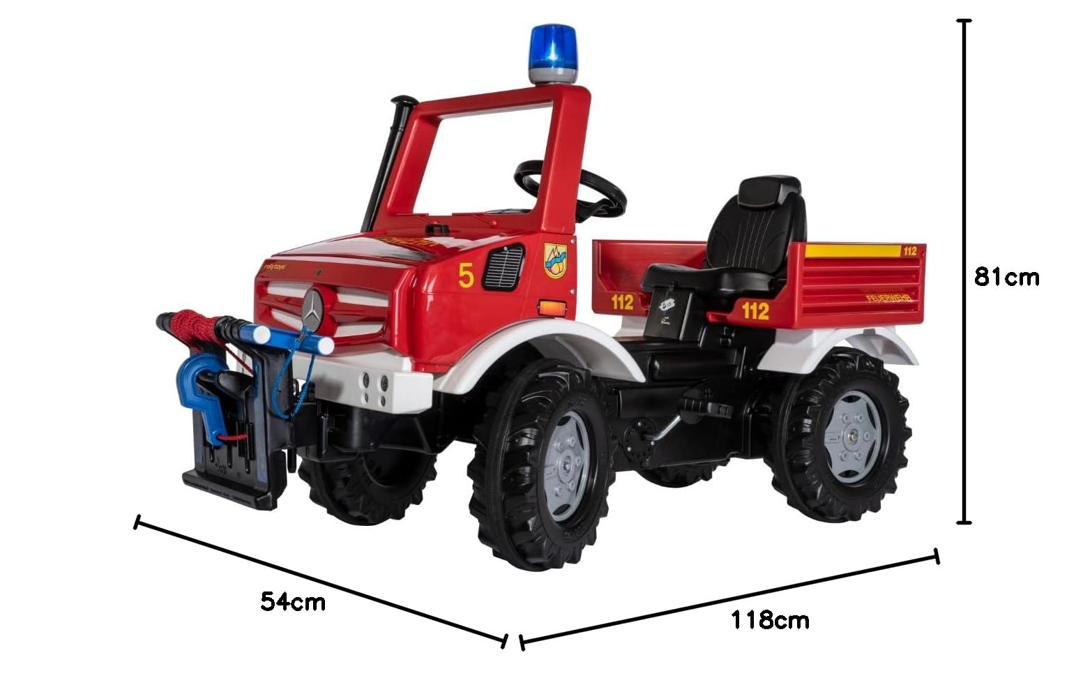 Rolly Toys 38299 rollyUnimog straż pożarna Unimog z wciągarką linową rollyPowerwinch (Pojazd z pedałem dla dzieci, regulacja siedziska, cicha opona, hak przedni i tylny, samochód strażacky), czerwony