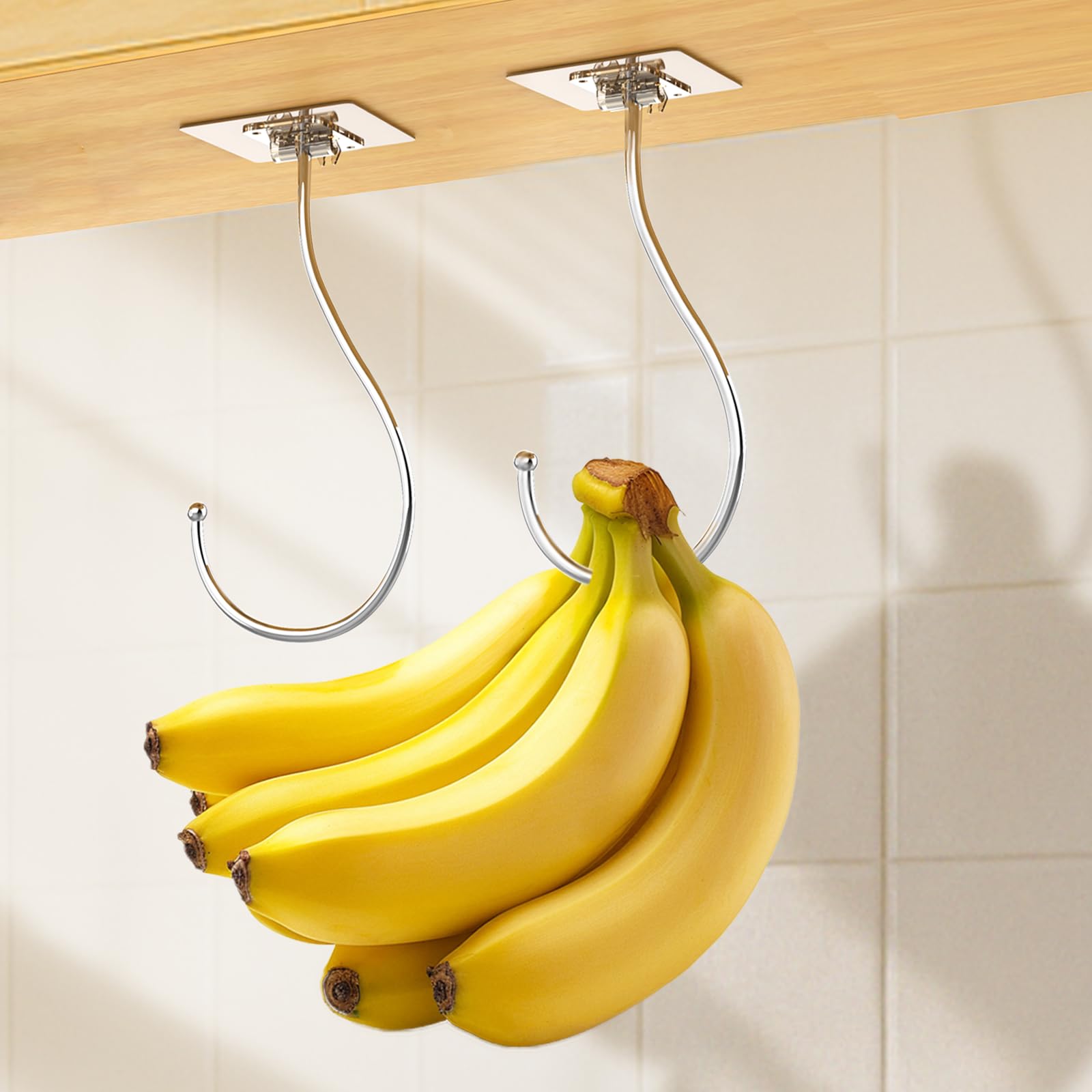 Latoxcaa Self Adhesive Banana Hook Under Cabinet Foldable, 2 Pack Heavy Duty Metal Holder(13lb), Clear Banana Hanger Traceless, Keep Bananas Fresh &amp; Kitchen Space Saving (16cm)