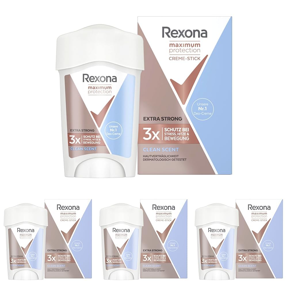 Rexona Maximum Protection Deo Creme Clean Scent Anti Transpirant mit 3x Schutz bei Stress, Hitze & Bewegung 96H extremer Schutz 45 ml (Packung mit 4)
