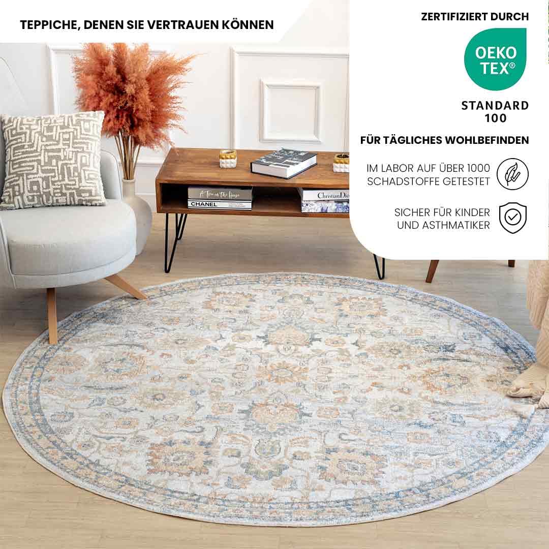 Livabliss Doha Teppich waschbar in der Waschmaschine - Vintage Teppich Groß für Wohnzimmer 200 cm, Schlafzimmer, Küche - Orientalischer Boho Teppiche, Elfenbein, Grau, Blau