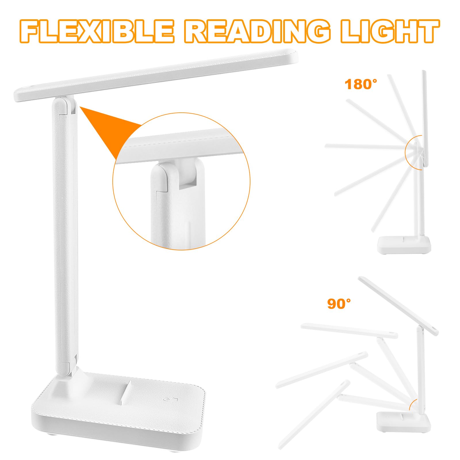 UKOFEW Lámpara Escritorio Led, Flexo Lamparas de Mesita de Noche, Plegable Lampara de Mesa, Ajustable Lamparas sin Cables 3 Modos y Atenuación Anómala para Cama,Oficina,Leer,Estudiar,Nocturna(Blanco)