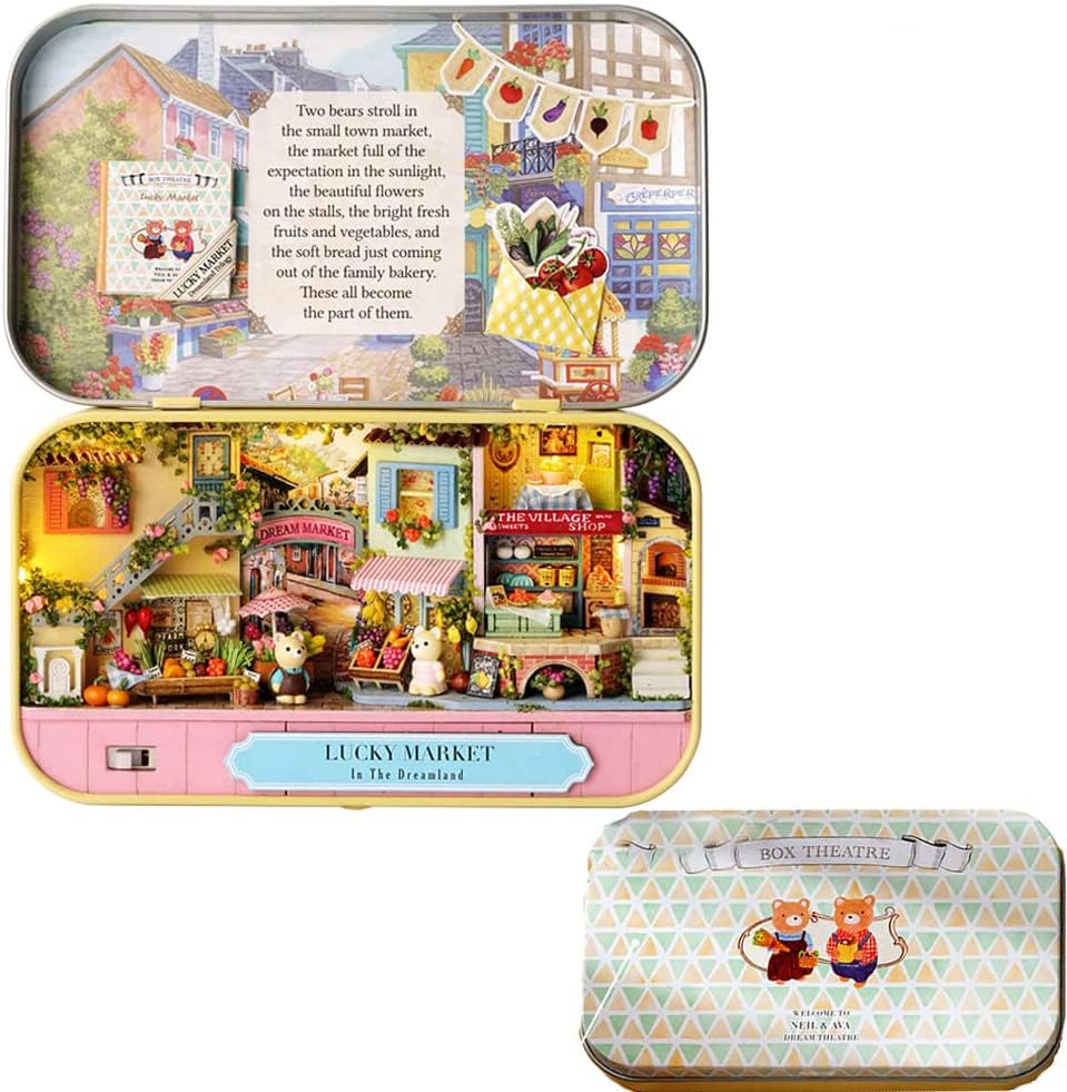 iiecrKiie Dollhouse Miniature with Furniture, DIY Wooden Doll House Kit Box Theater Style 1:24 Scale Creative Room Idea Best Gift for Lover (Lucky