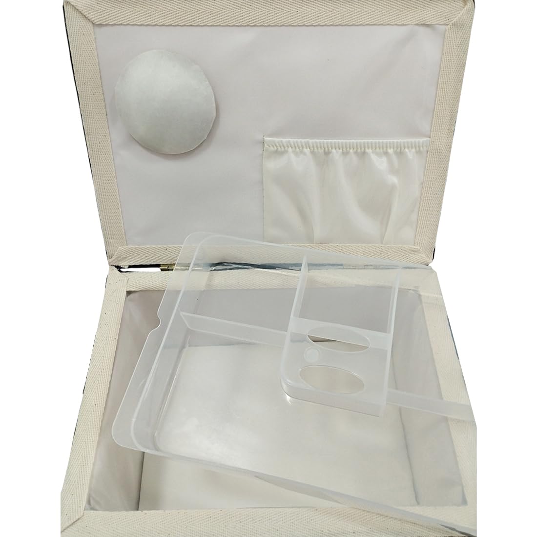 Costurero de Madera, Caja de Costura Forrada en Tela con 8 Compartimentos, Organizador con Alfiletero, Caja de Almacenamiento con Asa y Bandeja, (Buhos, Mediana)
