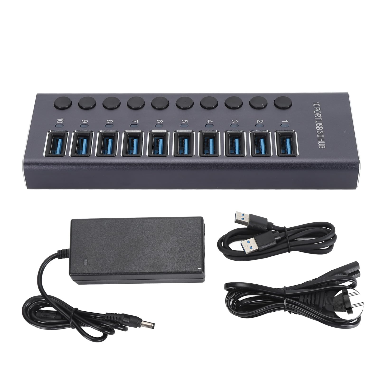 USB 3.0 Hub, 10-portowa Stacja Dokująca ze Stopu Aluminium z Indywidualnymi Przełącznikami LED i Zasilaczem 60W, do Laptopa, Komputera PC, Konsoli do Gier (wtyczka UE)
