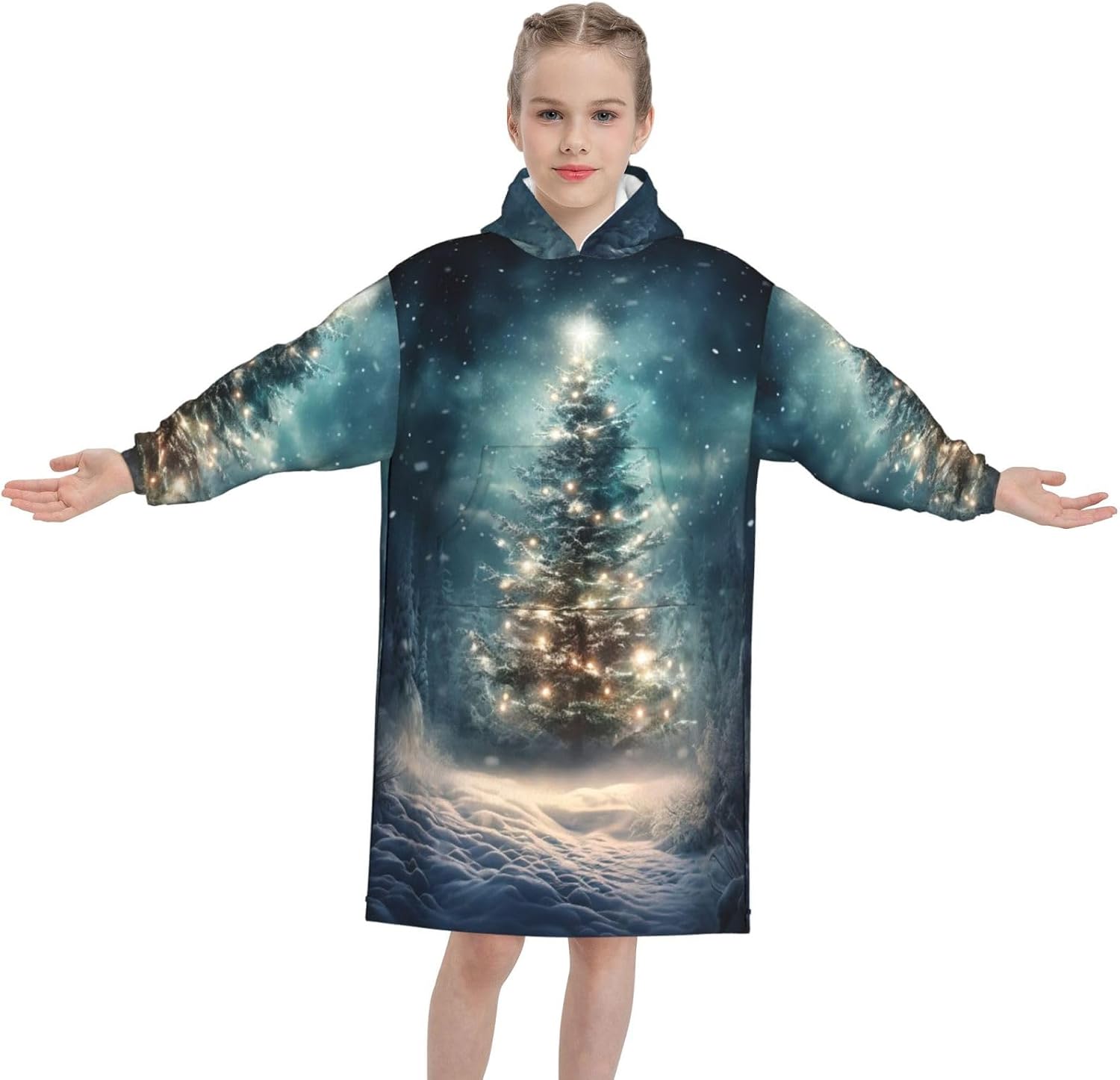 Christmas Tree Snow Print Oversized Blanket Hoodie, Wearable Blanket Hooded,Hooded Pullover With Pocket