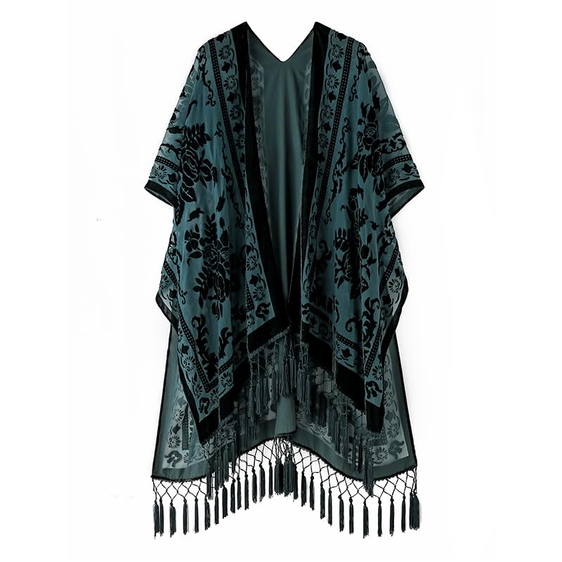 Women's Coverups Burnout Velvet Cardigan Casual Outfit Long Cover Up Kimono with Tassel