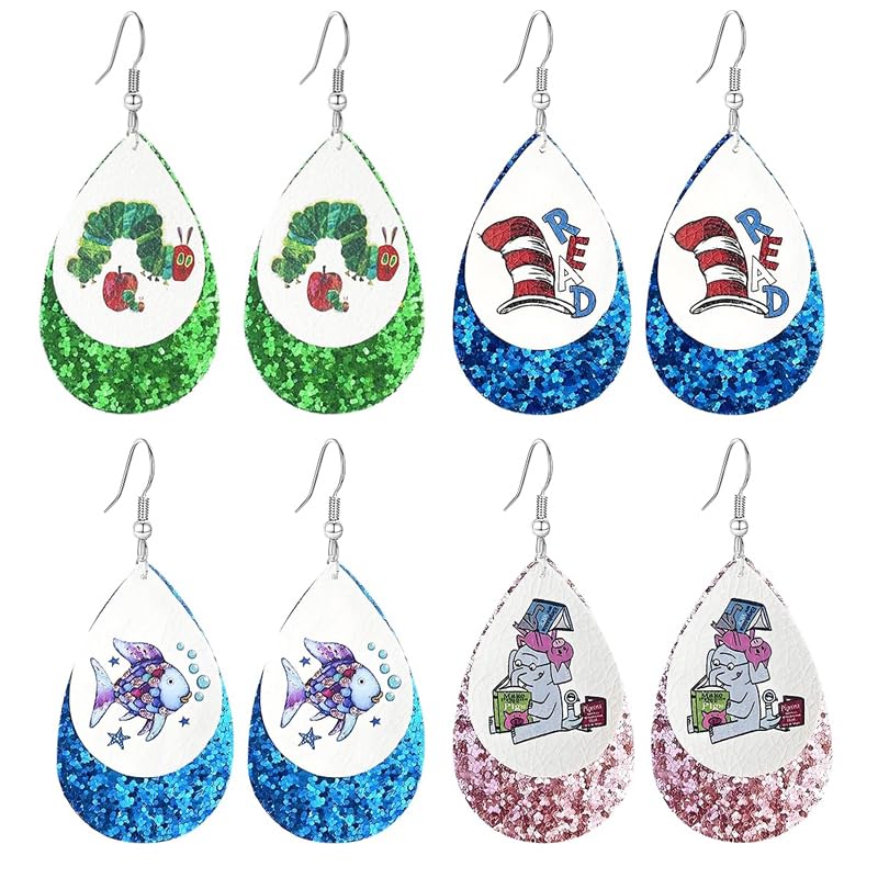 Teacher Earrings for Women Cartoon Animal Glitter Leather Graduation Earrings Elephant Cat Fish Hungry Caterpillar Earring Back to School Jewelry