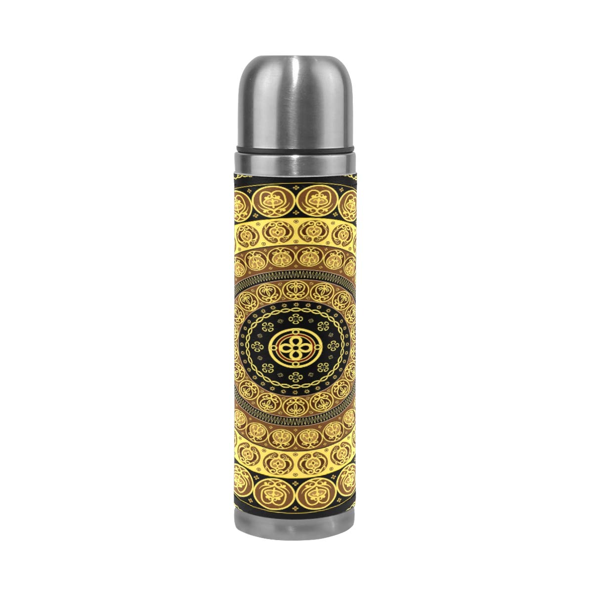 Taza de viaje aislada al vacío de acero inoxidable con doble pared a prueba de fugas, botella redonda con impresión de mandala personalizada impresa en piel auténtica, termo de 500 ml
