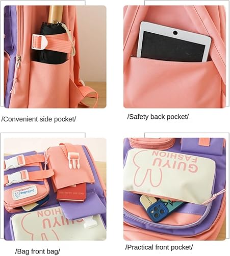 Miniatura 6 de Linda mochila con accesorios kawaii 5PCS Set Mochila de gran capacidad, Conjunto de cinco piezas negro