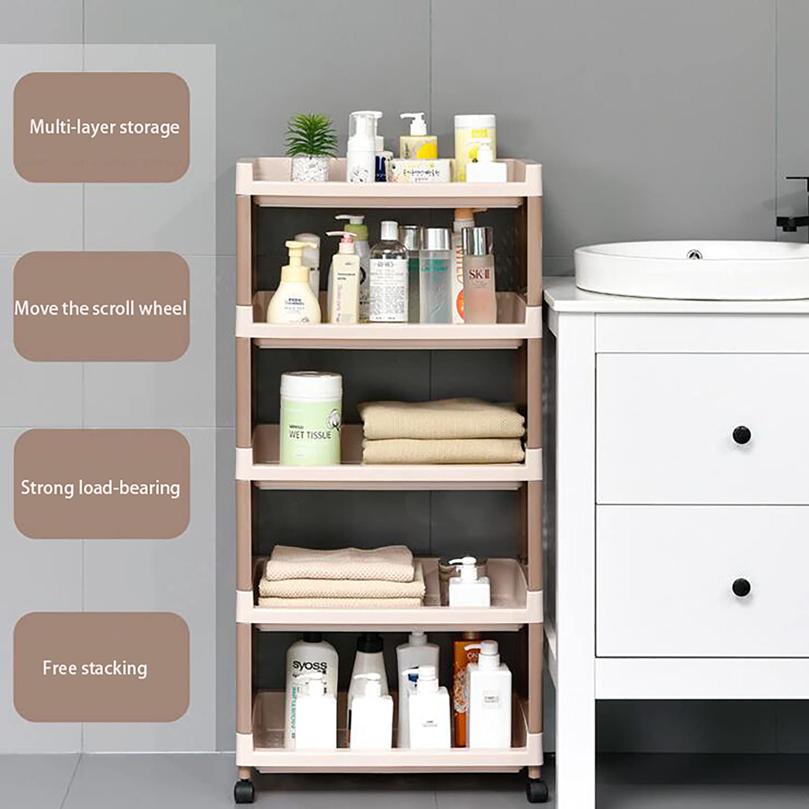 Exquisitos estantes de baño Estante de Almacenamiento de baño Unidad de Almacenamiento rodante Carro Organizador Plástico Piso a Techo Cocina Baño Inodoro Estante de Almacenamiento